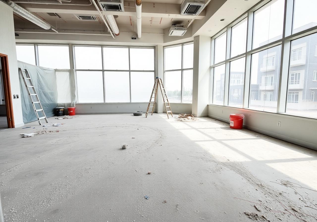 Before post-construction cleaning: Boynton Beach corporate office with drywall dust, ladders, and paint buckets covering the concrete floor